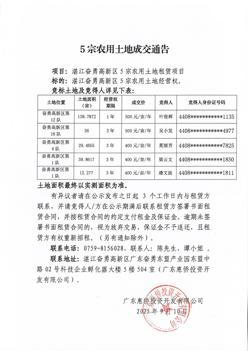2025年9月10日竞拍湛江奋勇高新区5宗农用土地成交通告_01.jpg